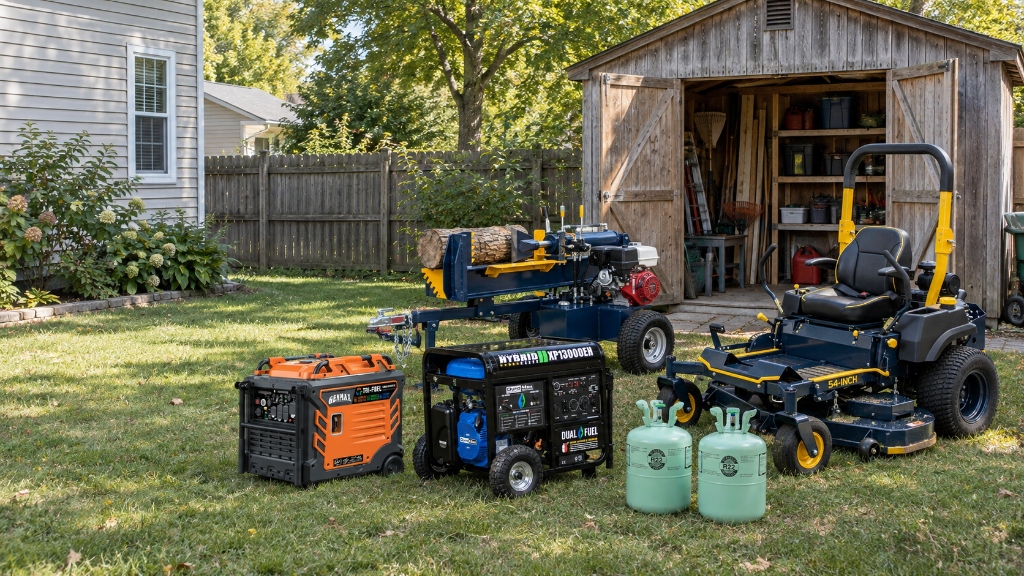Complete lineup of backup power generators in a residential backyard